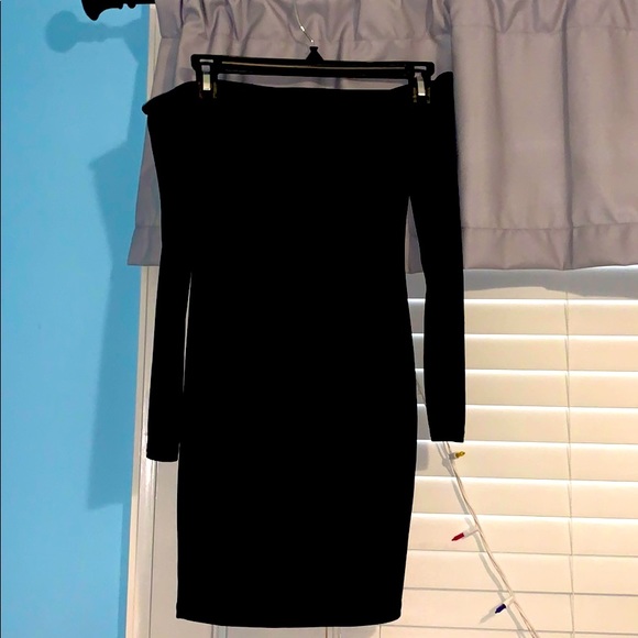 black choker detail bardot bodycon dress Spark | Black Bardot-Neck Midi Dress With Bow Detail